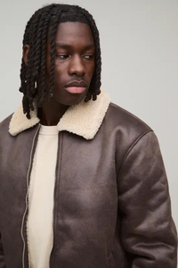 <b>Mens</b> Genuine Leather <b>Aviator</b> Bomber <b>Jacket</b> Sherpa Collar Zip Front Side Pockets Custom Logo Custom Made Coat - Product Image 2