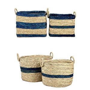 BANDED STRIPE <b>Large</b> Wicker Laundry <b>Basket</b> Seagrass Herringbone <b>Basket</b> Laundry Bin With Seagrass/PU Handles Clothes Organizer - Product Image 5