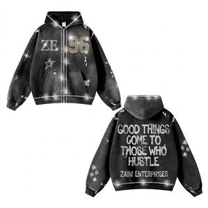 Sudadera con Capucha Negra Vintage de Mezcla de Algodón Grueso de 350 g/m² con Detalle de Pedrería, Personalizable con Logotipo Bordado para Hombre, Invierno - Product Image 1