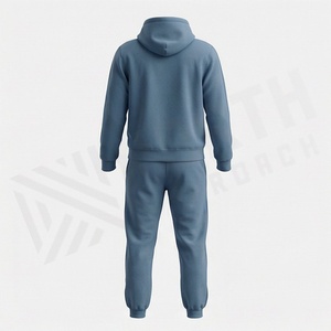 Conjunto Deportivo Unisex Azul con Capucha, Sudadera de Algodón de Color Sólido y Pantalones Deportivos Largos, Ropa Casual de Otoño con Cordón Ajustable - Product Image 2