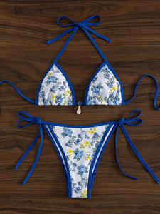 Women's Bikini Sets Sexy Sublimated Design Two Piece Swimsuit <b>V</b> Neck Halter Back Self Tie Low Rise Bottom - Product Image 4