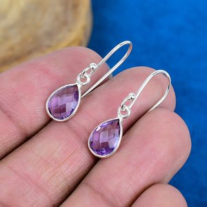 Natural Purple Amethyst Pear Shaped Gemstone Teardrop Earring Handmade 925 <b>Sterling</b> <b>Silver</b> Finish - Product Image 1