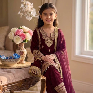 Ensemble ethnique en soie de qualité supérieure pour filles |   Kurti brodé avec palazzo et dupatta |   Tenue pour enfants pour fêtes et mariages - Product Image 1