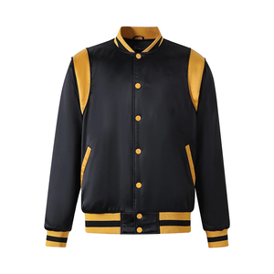 Blouson Bomber Sportif Homme Noir et Jaune à Blocs de Couleurs en Satin, Col Montant, Boutonnage Simple - Product Image 1