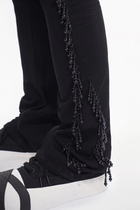 Jean en denim pour homme de haute qualité en coton, marque américaine Highstreet, confortable, taille mi-haute, coupe évasée, avec pompons et perles, délavage noir - Product Image 3
