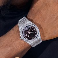 Reloj con Cristales, 10 ct, Diamantes Cultivados en Laboratorio, EF VVS VS, Chapado en Oro Amarillo de 14K, Acabado en Acero Inoxidable, Estilo Bling Urbano