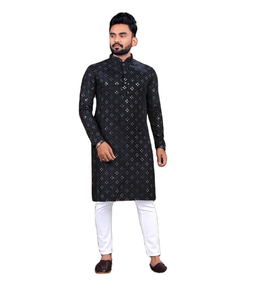 Heavy Traditional Wear Cotton Lucknowi Mirror Work Kurta Pajama Mens Chudidar Collection