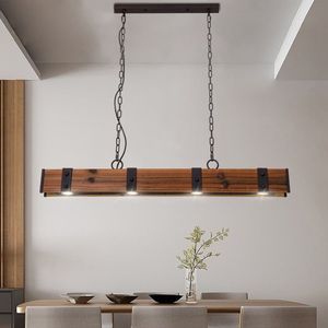 Rowen rustico lampadario lineare a 4 luci a LED lampada a sospensione in legno ruggine e metallo - Product Image 1