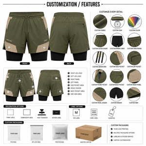 Men's Color Blocked Quick Dry Sport Shorts With Pockets Drawstring Waist <b>Mid</b> Length Olive Green Beige Two <b>Layer</b> Design - Product Image 5