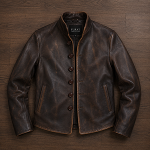 FURAT LEATHERS Veste en cuir véritable vintage pour homme, col montant, fermeture éclair, coupe classique, couleur unie, coupe-vent, hiver - Product Image 1