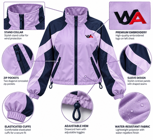 Chaqueta deportiva OEM para mujer, color lavanda y azul marino, con logotipo personalizado, cremallera completa, mangas curvas, bloques de color, ligera, venta al por mayor. - Product Image 5
