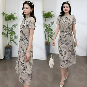 Vestido de Mujer, Nuevo Estilo Chino de Verano, Estampado Floral de Tinta, Botones de Rana, Dobladillo en Capas, Vestido Midi, Vestido Elegante para Mujer - Product Image 3
