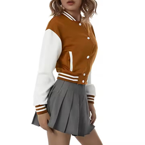 Brown White Embroidered Woolen Women's Streetwear <b>Varsity</b> <b>Jacket</b> Regular Sleeve Button Closure Autumn Winter Casual Outerwear - Product Image 6