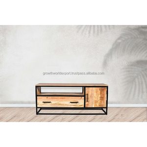 Console multimédia en bois de manguier massif au design industriel avec porte coulissante - Meuble TV moderne pour le rangement du salon d'appartement et de villa - Product Image 5