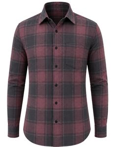 Manufacturer Burgundy Black Plaid <b>Men</b> Casual Formal Check <b>Shirt</b> Long Sleeve Button Down Cotton Flannel Office Wear Custom <b>Shirt</b> - Product Image 1