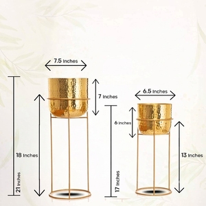 Modern metal Hammered Gold Planters with Metal <b>Stands</b> for Indoor Green <b>Plants</b> Circular Design Glam Style Decorative Flower Pots - Product Image 4