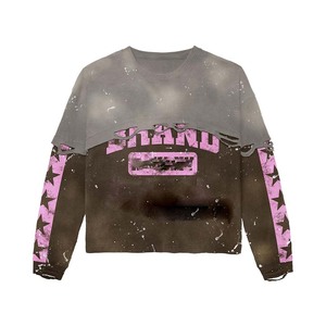 เสื้อยืดผู้ชายผ้าฝ้าย 100% ทรงหลวม พิมพ์ลาย เสื้อยืดผู้ชายผ้าฝ้ายผสมโพลีเอสเตอร์สองชั้น แขนเสื้อแบบดิสเทรส พร้อมโลโก้สั่งทำ - Product Image 5