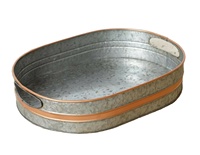 Plateau antique en zinc galvanisé avec poignée découpée et bandes design en cuivre pour la décoration intérieure de luxe
