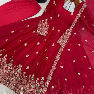 <b>Red</b> Embroidered Anarkali Suit <b>Silk</b> Dupatta Set Women Ethnic Wedding Party Outfit India Pakistan - Product Image 6