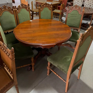 Luxury Handcrafted <b>Solid</b> <b>Wood</b> 6 Seater Round Dining <b>Table</b> Set Antique Victorian Style Green Velvet - Product Image 1