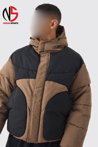 Veste matelassée à capuche personnalisée à blocs de couleur, best-seller, en beige, coupe-vent, chaude, pour l'hiver, avec poches, pour hommes - Product Image 4