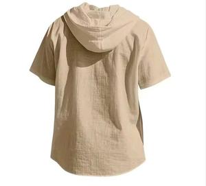 Chemise décontractée pour homme, sur mesure, grise, coupe ajustée, respirante, en lin, col montant, boutonnée, manches courtes, à capuche - Product Image 2