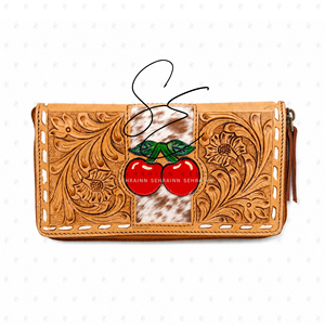 Cartera de cuero con cremallera y diseño artesanal 2026 para mujer, estilo occidental, con dije de cereza, RFID, vintage, para tarjetas y efectivo, para ella. - Product Image 1