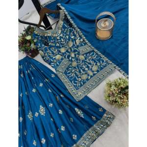 Designer Women's <b>Top</b>-Plazzo and Dupatta Set with Embroidery and Sequence Work - Product Image 1