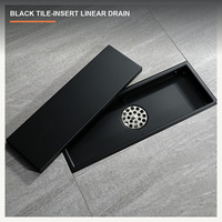 Caniveau de douche linéaire en acier inoxydable noir mat sur mesure avec insert en carrelage, canal de sol dissimulé pour salles de bain modernes et zones humides