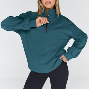 Sudadera Oversize de Mujer con Media Cremallera, Cuello Redondo, Lavado Ácido, Color Liso, Manga Larga, Tejido de Poliéster y Algodón, para Invierno y Otoño - Product Image 1