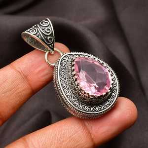 Pendentif en argent sterling plaqué or fait main avec kunzite rose et serti clos, collier de fiançailles vintage pour femme - Product Image 3