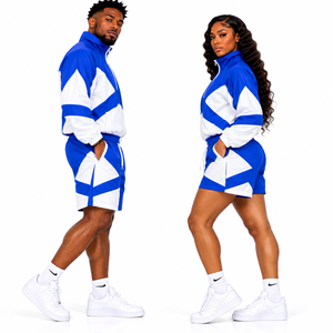 Conjunto Deportivo Unisex Azul y Blanco con Estampado Geométrico, Chaqueta con Cierre de Cremallera, Pantalones Cortos de Secado Rápido para Primavera - Product Image 4
