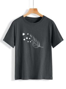 Nueva Camiseta de Manga Corta con Cuello Redondo Rosa 2026 para Mujer, 100% Algodón, Estampado de Corazón con Plumas, Informal, Transpirable, Ajuste Jersey, para Primavera/Verano - Product Image 6