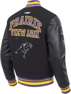 Chaqueta Universitaria Negra de los Prairie View A&M Panthers con Ribete Morado y Amarillo, Logotipo Bordado, Cuello Redondo, Ropa Deportiva de Invierno para Adultos - Product Image 2