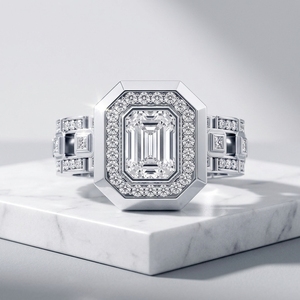 Solitaire Diamond <b>Emerald</b> Cut Lab CVD HPHT Synthetic Diamond Geometric Statement <b>Ring</b> for <b>Men</b> Custom Made in White Gold - Product Image 2