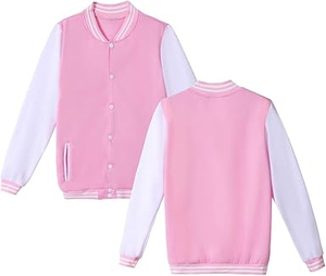 Veste de baseball sportive rose et blanche à blocs de couleur, col montant et boutons-pression - Product Image 2