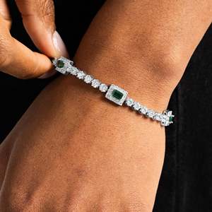 Classic 925 Silver Rhodium Plated <b>Chain</b> Bracelet With Emerald Cut Diamond Bezel Setting Geometric Design For Women Everyday Wear - Product Image 2