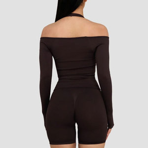 Vêtements pour femmes, design personnalisé à épaules dénudées, chemise sans manches à compression, tissu tricoté en élasthanne/coton, vêtements de sport - Product Image 5