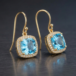 Boucles d'oreilles en topaze bleue taille coussin CZ 10MM en argent sterling 925 plaqué or 18 carats, bijoux classiques pour tous les jours - Product Image 3