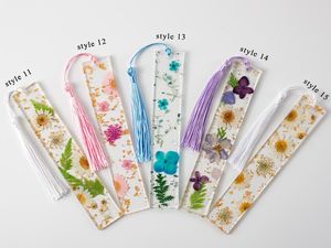 Nouveaux marque-pages décoratifs en résine faits à la main avec fleurs séchées, design Art Déco rond, pompons, dentelle florale transparente, rose, marguerite - Product Image 6