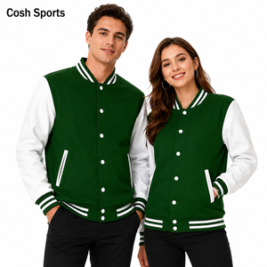 Chaqueta Varsity Verde al por Mayor con Logotipo Personalizado, Ropa Deportiva para Equipos, Cierre de Botones a Presión, Cuello Acanalado a Rayas y Bolsillos Dobles - Product Image 1