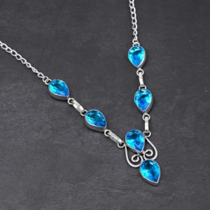 Collier de luxe pour femme en argent sterling avec topaze bleue synthétique et perle de culture d'eau douce en forme de poire 10x14mm, 18 pouces, cadeau de mariage - Product Image 1