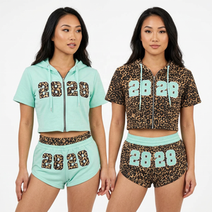 Ensemble sweat à capuche court zippé et short Dolphin pour femme, imprimé léopard guépard - Product Image 2