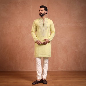 Ensemble Kurta Pajama brodé jaune pour homme, coupe classique, vêtements décontractés traditionnels indiens et pakistanais - Product Image 3