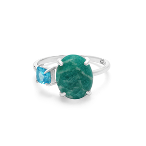 Minimalist <b>925</b> Sterling <b>Silver</b> <b>Ring</b> With Oval Jade & Square Blue Topaz Gemstone Prong Setting Everyday Wear Unisex Fine Jewelry - Product Image 1