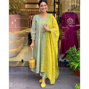 Hermoso Salwar Kameez de Algodón para Fiestas, Talla XL, Incluye Top, Pantalón y Dupatta - Product Image 1