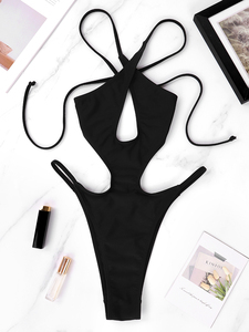Ensemble de bikini croisé noir uni pour femme avec bas string échancré et extensible - Product Image 5