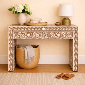Handmade Eco-Friendly Bone Inlay Round Table Striped Entryway <b>Hall</b> Table for Baptism Occasions - Product Image 3