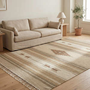 Alfombra de Diseño Kilim Geométrica de Algodón Tejido Plano 4x6 con Borlas, Rectangular, para Pasillo, Antideslizante, en Tonos Naturales - Product Image 5