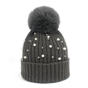 Elegant Gray <b>Beanie</b> <b>Hat</b> With Pearl Rhinestone Decoration Pom Pom Winter Knit Cap For <b>Women</b> Adults Casual Style <b>beanie</b> - Product Image 4